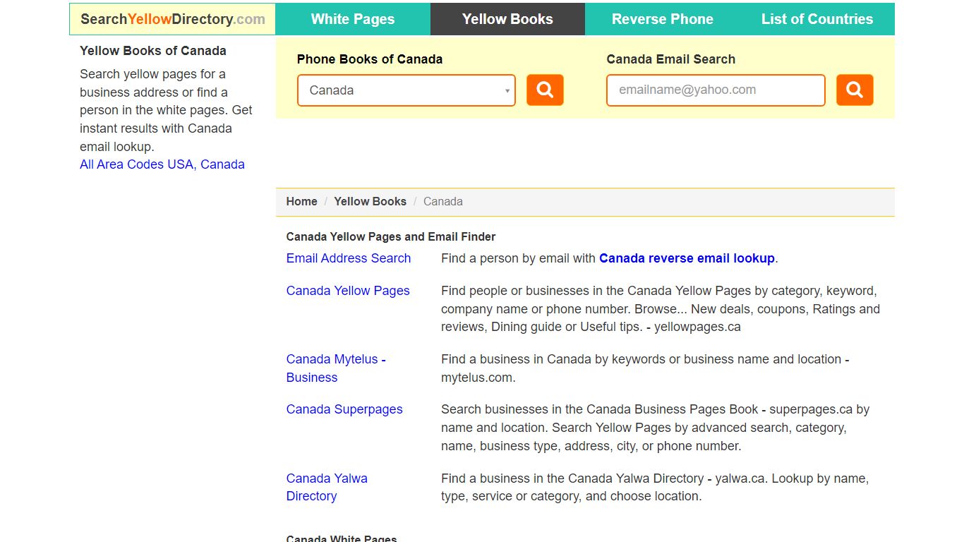 Phonebook, Canada Yellow Pages, Email Address